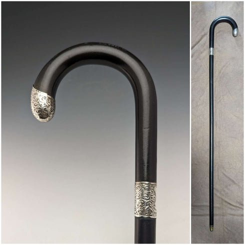 1921 British Antique Men's Cane Sterling Silver Decoration Black Shaft 92cm