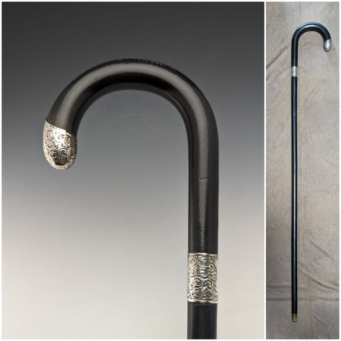1921年 英国アンティーク 紳士用ステッキ 純銀装飾 ブラックシャフト 92cm