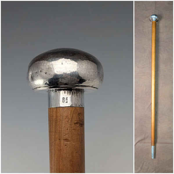 Vintage thick tan shaft pure silver round handle walking stick 86cm