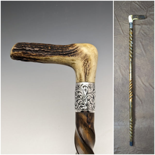 Around 1895 British Antique Men's Walking Stick Antler Clutch Handle Twist Shaft 85cm