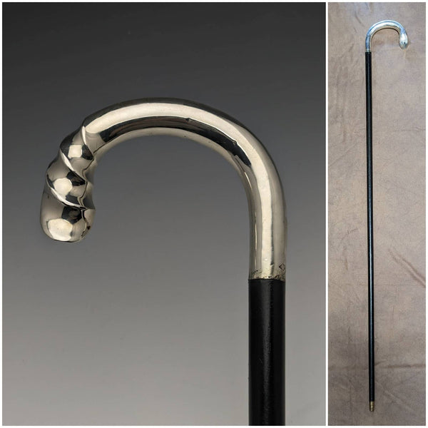 1909 British Antique Gentleman's Walking Stick Pure Silver Curved Handle 92cm