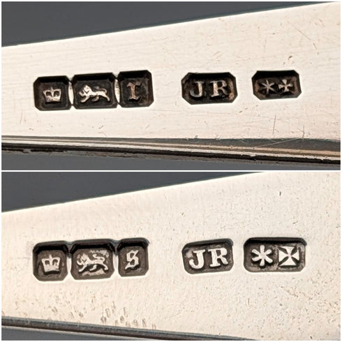 1910 British antique sterling silver tea spoons and sugar tongs set, 6 pieces, 100g, case included, Joseph Rodgers & Sons