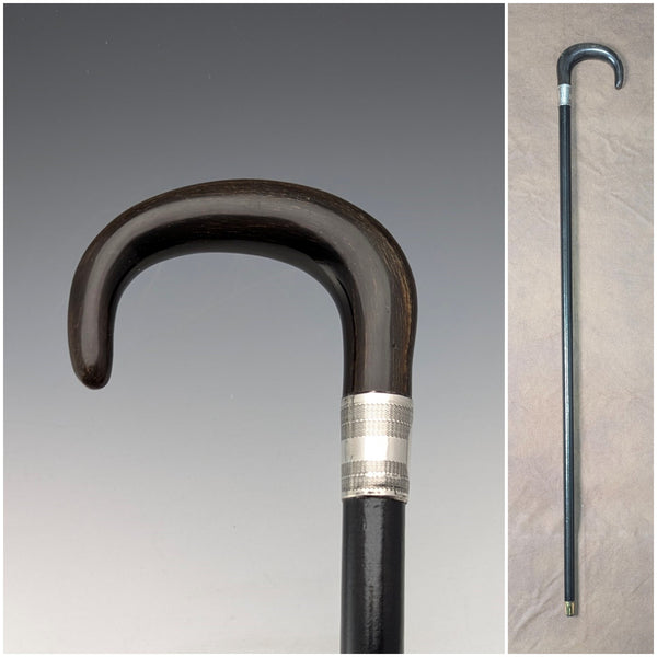 Circa 1910 British antique gentleman's pure silver decorated horn handle walking stick 91cm