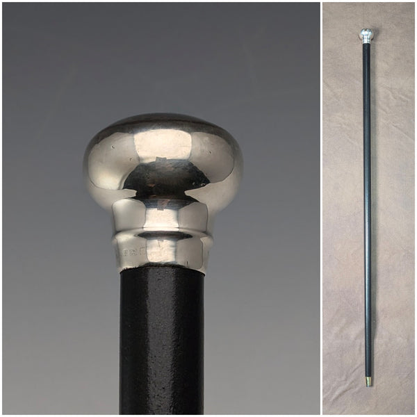 1926 British Vintage Men's Sterling Silver Round Handle Walking Stick 90cm