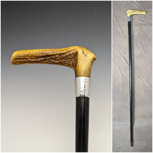 1889 British Antique Men's Walking Stick Antler Clutch Handle 91cm