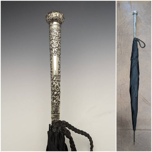 Early 20th Century British Antique Gentleman's Buanbrella Black Sterling Silver Engraved Handle 93cm