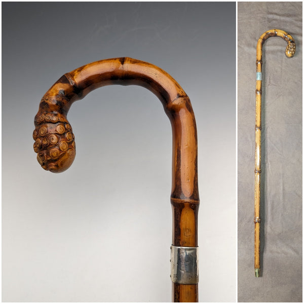 1926年 英国ヴィンテージ 紳士用ステッキ 曲がりハンドル 純銀装飾 バンブーシャフト 82cm