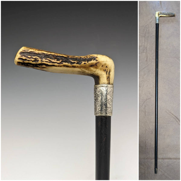 1891 British Antique Men's Walking Stick Deer Antler Clutch Handle 89cm