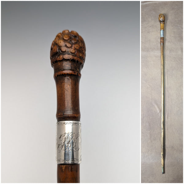 1897 Cane, carved rondelle handle, sterling silver decoration, 88cm