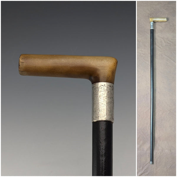 1897 British antique gentleman's pure silver decorated L-shaped horn handle walking stick 83cm