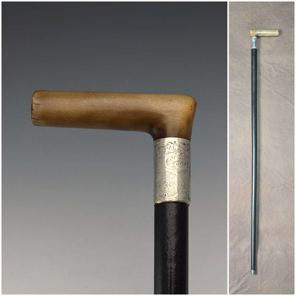 1897 British antique gentleman's pure silver decorated L-shaped horn handle walking stick 83cm