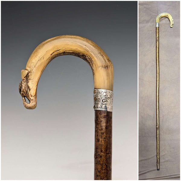 1899 British antique men's pure silver decorated horn handle walking stick 101cm