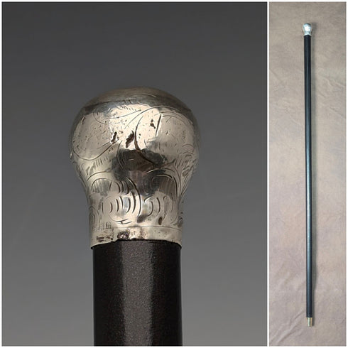 1923年 英国アンティーク 紳士用 純銀製 丸ハンドル ステッキ 杖 88cm