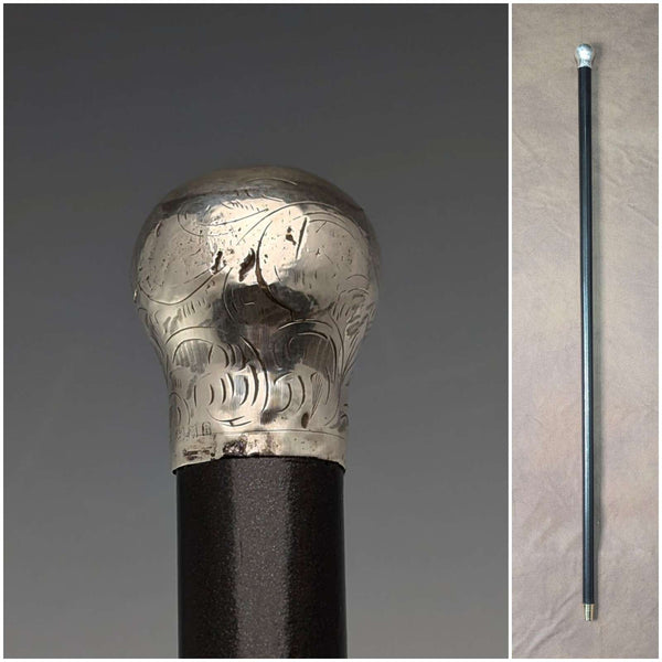 1923年 英国アンティーク 紳士用 純銀製 丸ハンドル ステッキ 杖 88cm