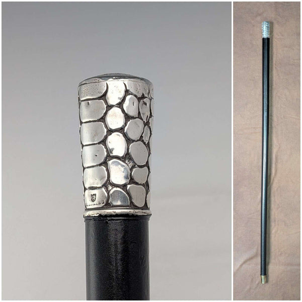 Antique American black shaft crocodile-look pure silver decorative handle walking stick 80cm
