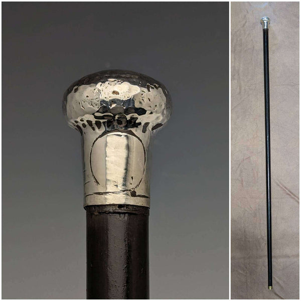 Circa 1920 British antique gentleman's walking stick, pure silver, round handle, 87cm