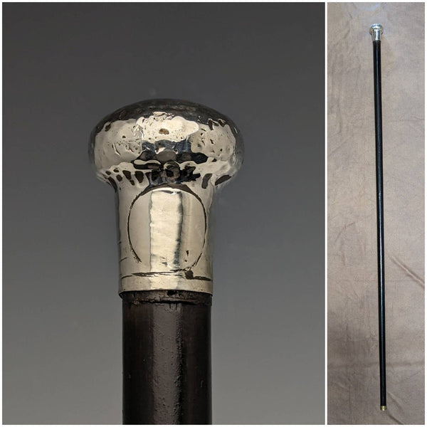 Circa 1920 British antique gentleman's walking stick, pure silver, round handle, 87cm