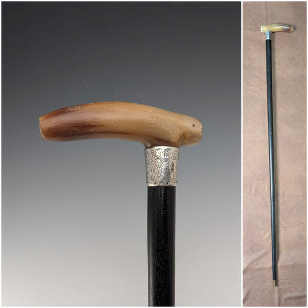 1904年 英国アンティーク ブラックシャフト ホーンクラッチハンドル 純銀装飾 ステッキ 杖 90cm
