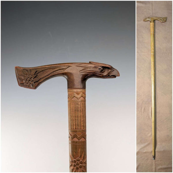 Vintage Carved Brown Shaft Eagle Head Handle Walking Stick 90cm