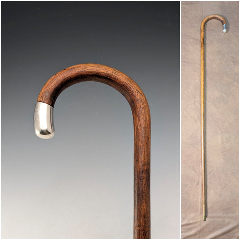 1920s British antique brown shaft, curved handle, sterling silver decoration, walking stick, 89cm