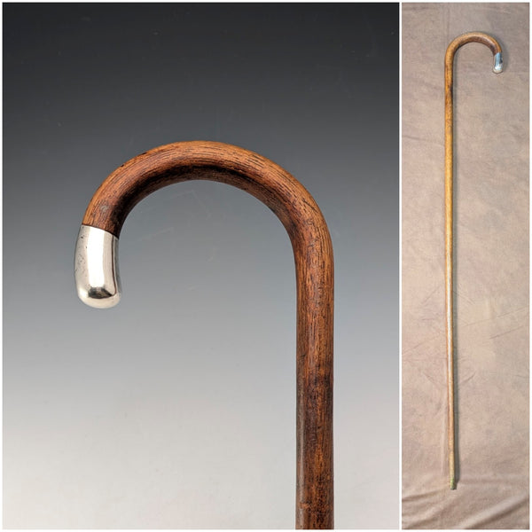 1920s British antique brown shaft, curved handle, sterling silver decoration, walking stick, 89cm