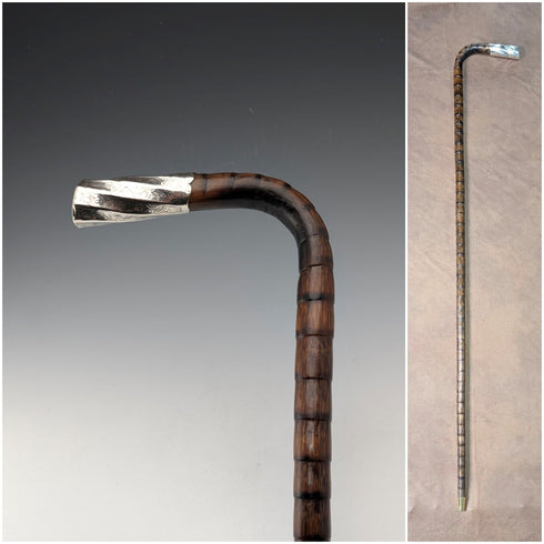 1906年 英国アンティーク 茶軸 L字ハンドル 純銀装飾 ステッキ 杖 92cm Thomas Davis