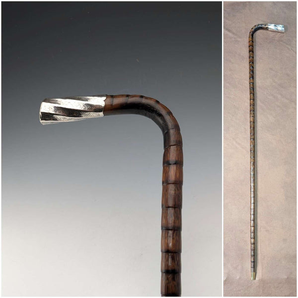 1906 British Antique Walking Stick, 92cm, Brown Handle, L-Handle, Sterling Silver Decoration, by Thomas Davis