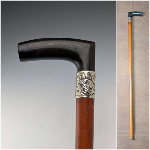 Antique British Malacca Shaft Resin L-Handle Walking Stick 88cm