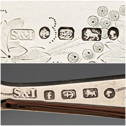 1880 British Antique Engraved White Pearl Handle Dessert Cutlery 3 Pair Set Stokes & Ireland