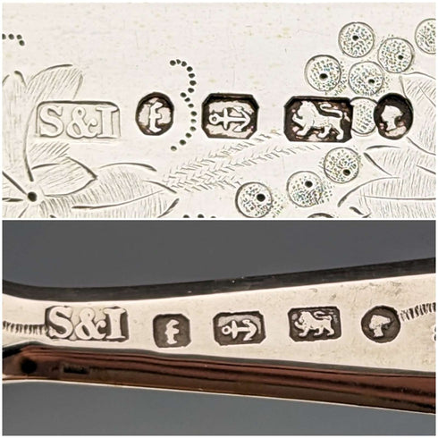 1880年 英国アンティーク 彫刻白蝶貝ハンドル デザートカトラリー3ペアセット Stokes & Ireland