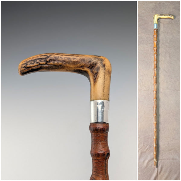 1901 British antique bamboo shaft L-shaped antler handle pure silver decoration walking stick 81cm