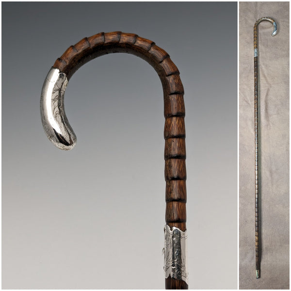 1909 British Antique Ladies Cane Sterling Silver Decoration Curved Handle 87cm