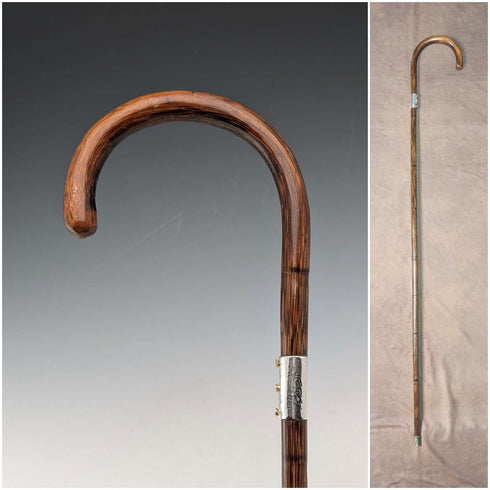 Circa 1930 British vintage brown shaft, curved handle, sterling silver decoration, walking stick, 89cm