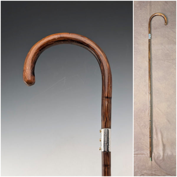 Circa 1930 British vintage brown shaft, curved handle, sterling silver decoration, walking stick, 89cm