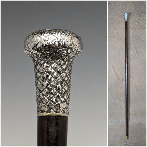 1901 British antique gentleman's walking stick, pure silver, engraved pattern, round handle, 89cm
