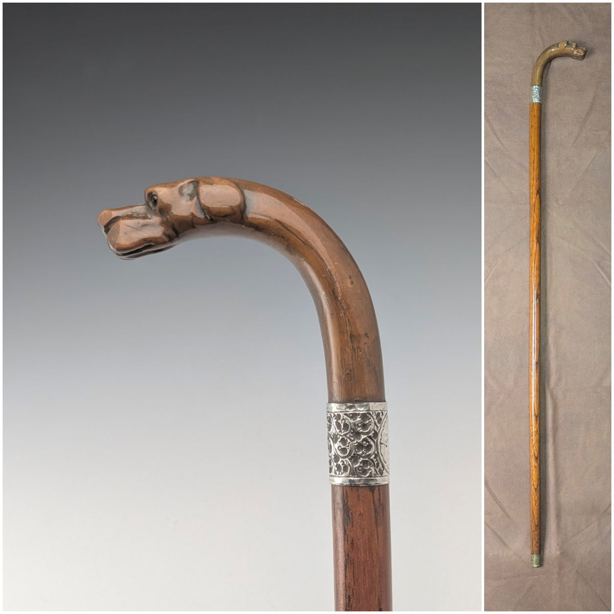 1919年 英国アンティーク ブラウンシャフト ドッグヘッドハンドル 純銀装飾 杖 87cm Jonathan Howell 1919年 英国アンティーク ブラウンシャフト ドッグヘッド