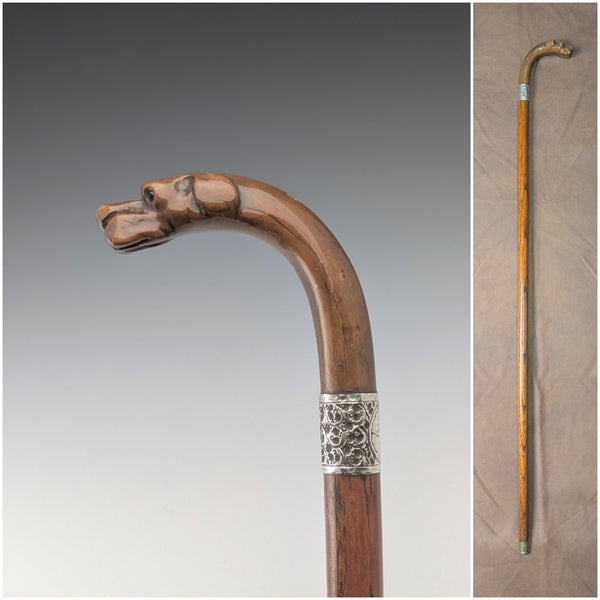 1919 British antique brown shaft dog head handle pure silver decorated walking stick 87cm Jonathan Howell