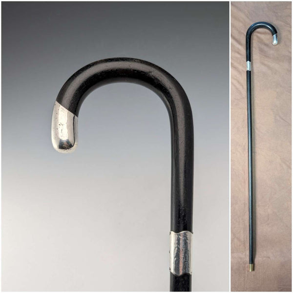 1912 British antique black shaft, curved handle, pure silver decoration, walking stick, 90cm, J Howell & Co.