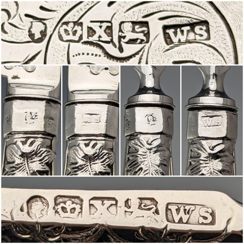 1842 British antique pure silver fruit cutlery set, 6 pairs, total weight 561g, William Sansom, wooden box