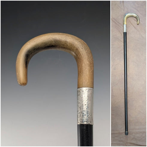 1927年 英国アンティーク ブラックシャフト ホーンハンドル 純銀装飾 ステッキ 84cm