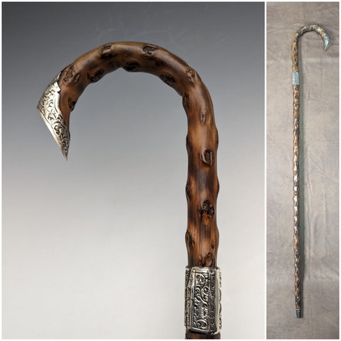 1900年 英国アンティーク 紳士用ステッキ 曲がりハンドル 純銀装飾 ブラウンシャフト 90cm