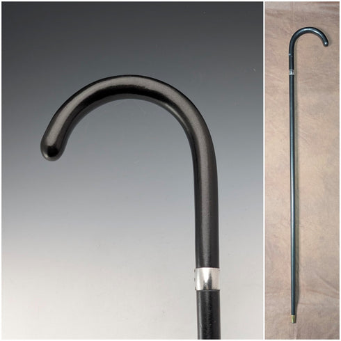 1933 British vintage black shaft, curved handle, pure silver decoration, lightweight walking stick, 94cm, M&T Ltd