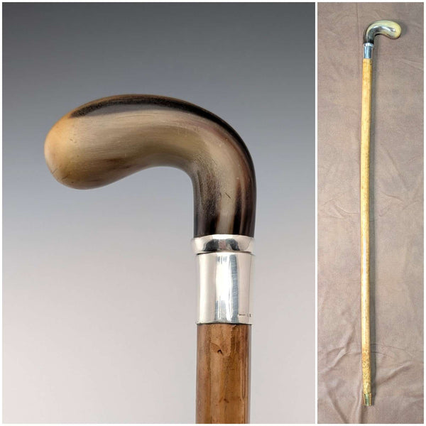 Vintage horn crop handle sterling silver decorated walking stick 85cm