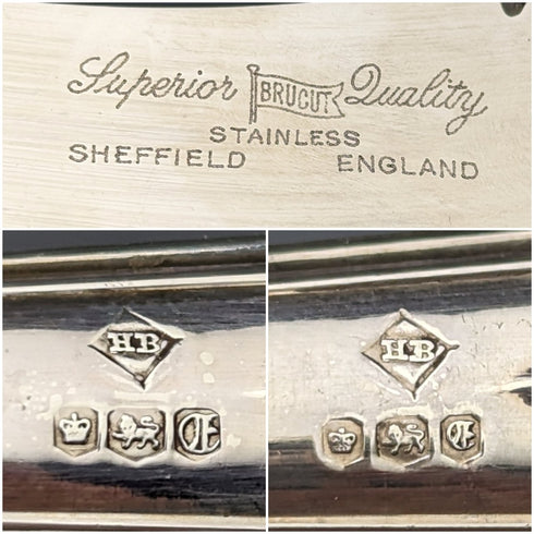 1973年 英国ヴィンテージ 純銀製ハンドル ステーキカトラリー6ペアセット 箱入り Harrison Brothers