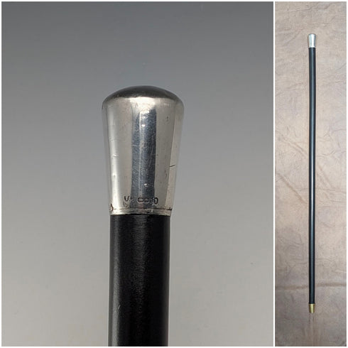 1953 British Vintage Black Shaft Sterling Silver Rondelle Handle Walking Stick, 81cm