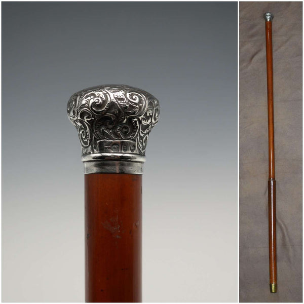 1897 British Antique Malacca Cane Shaft Sterling Silver Rondel Handle Walking Stick 93cm