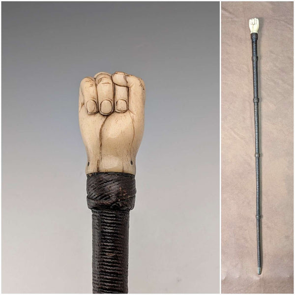 Antique British bone fist-shaped round handle walking stick, 85cm