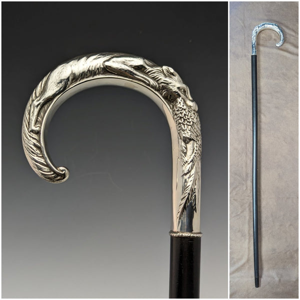 1989 Made in England Fox and Pheasant Decoration Sterling Silver Curved Handle Men's Cane Cane 86cm Broadway & Co