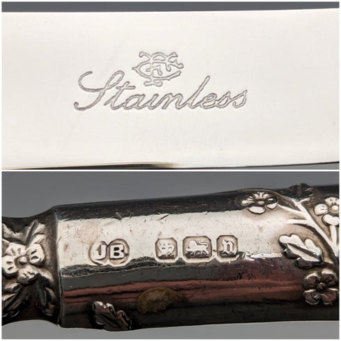 1905 British Antique Sterling Silver Handle Set of 5 Tea Knives by John Biggin in Case