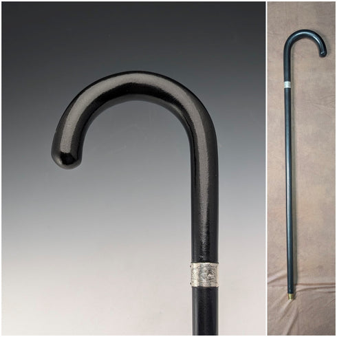 1944 British vintage black shaft curved handle pure silver decorated walking stick 83cm K&SLD